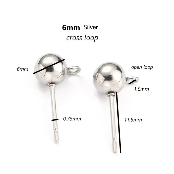 10 PCS PKG. 6MM ROUND BALL POST STUD EARRINGS WITH LOOP FOR JEWELRY DANGLE EARRING MAKING, SILVER BALL POST POST STUD TOPS FINDINGS RAW MATERIALS FOR JEWELRY MAKING