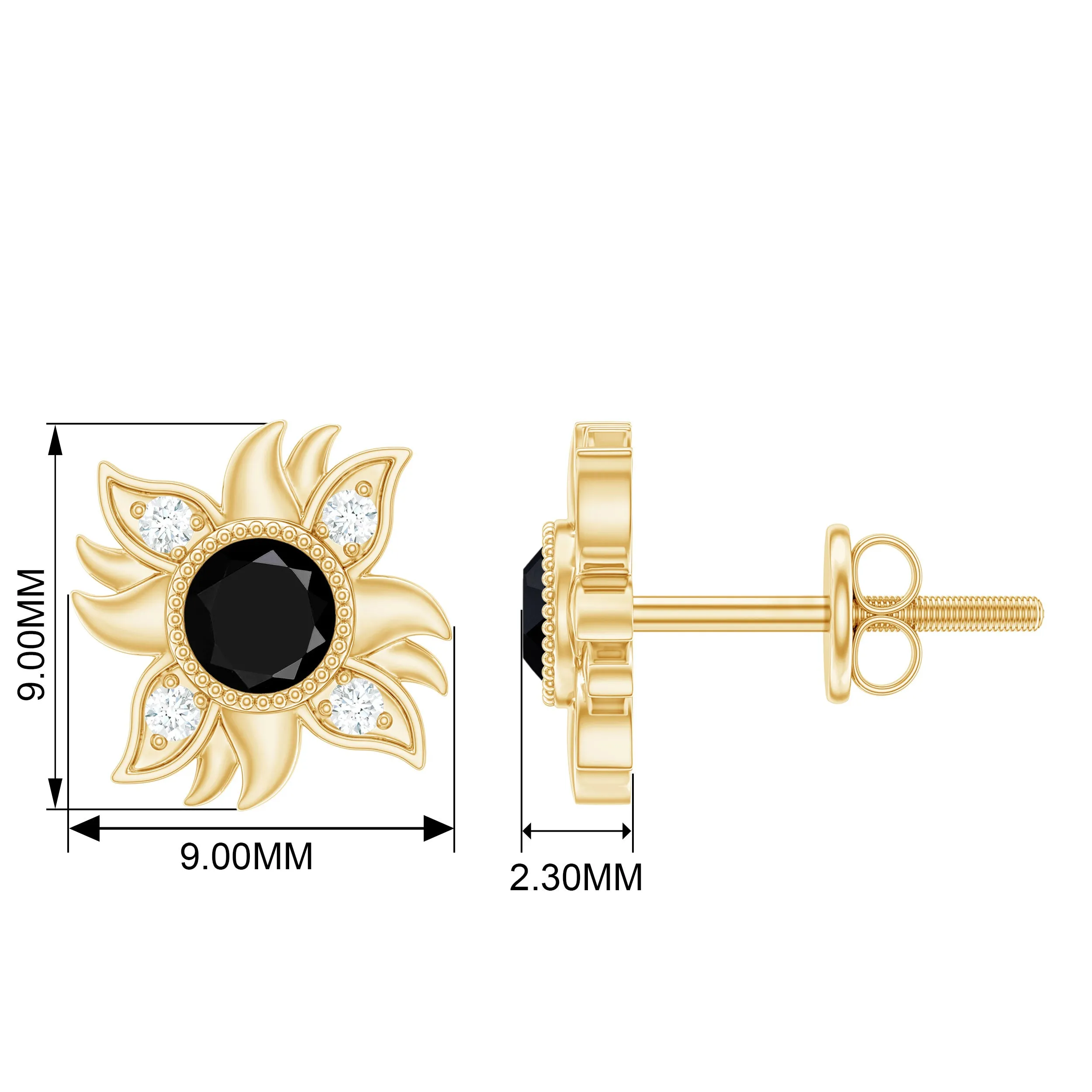1/2 CT Round Shape Black Onyx and Diamond Sunburst Stud Earrings