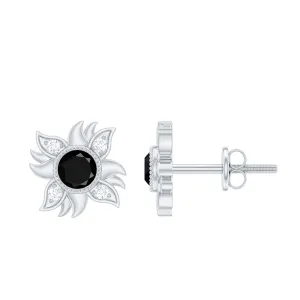 1/2 CT Round Shape Black Onyx and Diamond Sunburst Stud Earrings