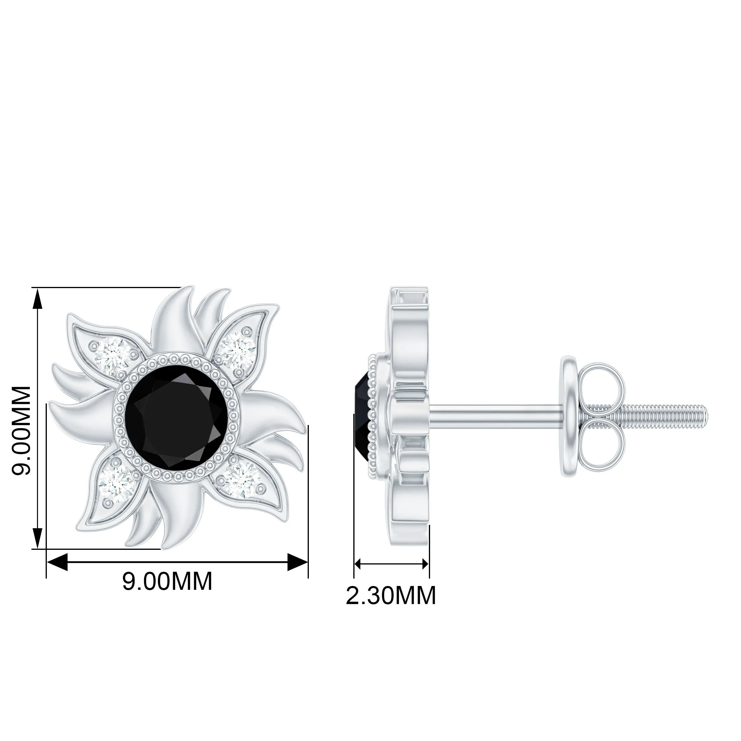 1/2 CT Round Shape Black Onyx and Diamond Sunburst Stud Earrings