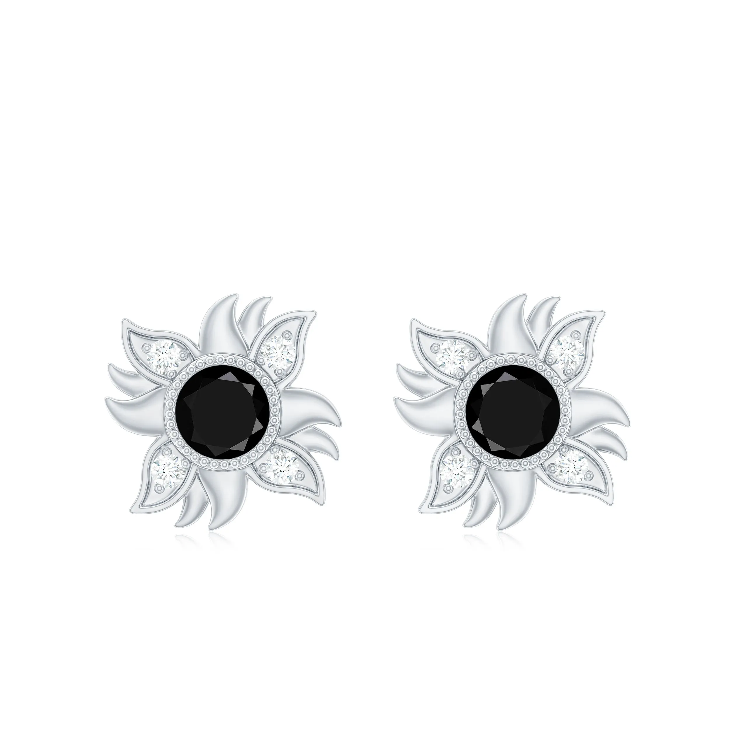 1/2 CT Round Shape Black Onyx and Diamond Sunburst Stud Earrings