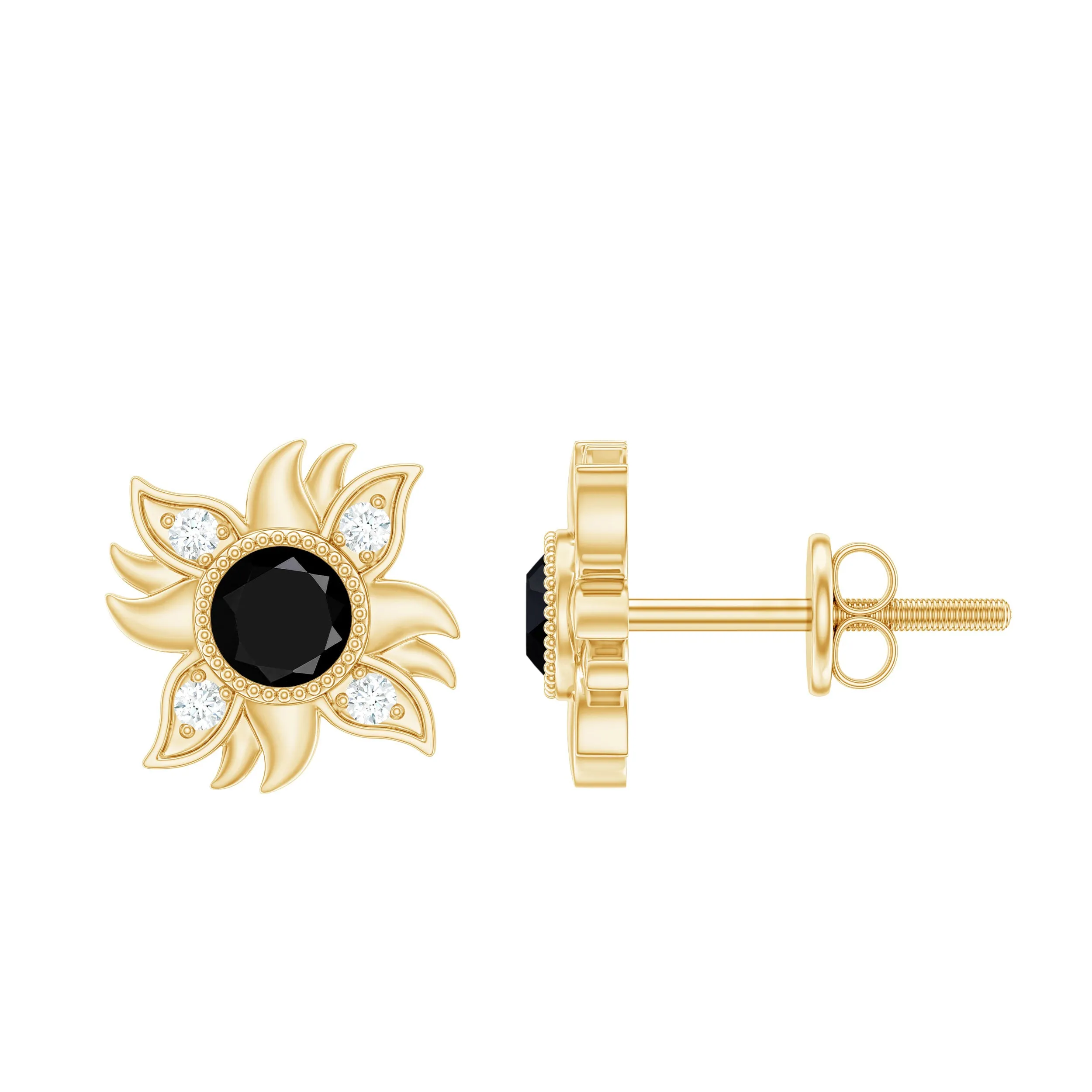 1/2 CT Round Shape Black Onyx and Diamond Sunburst Stud Earrings