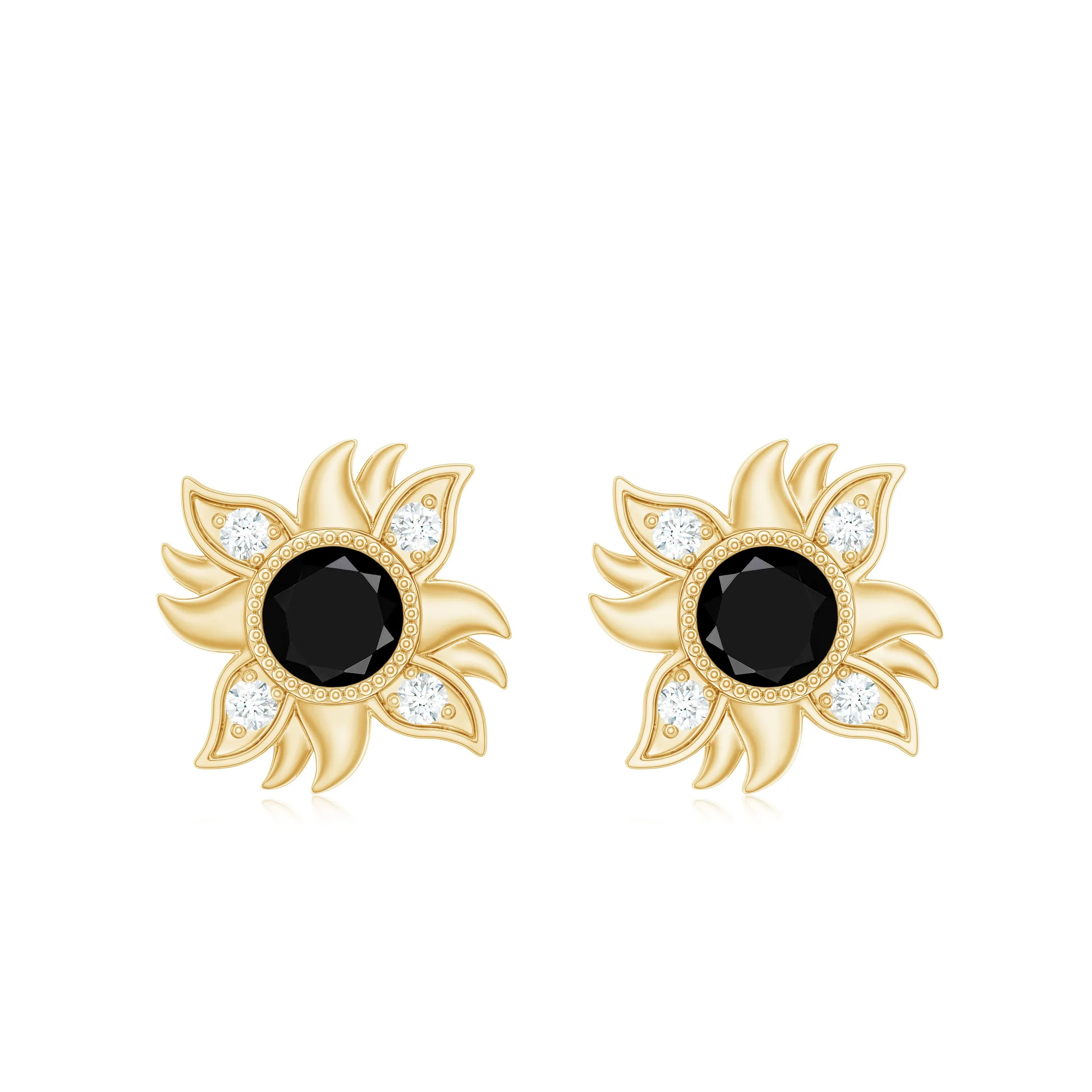 1/2 CT Round Shape Black Onyx and Diamond Sunburst Stud Earrings