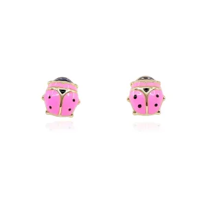 14K YELLOW GOLD CHILDREN'S PINK LADYBUG ENAMEL EARRINGS