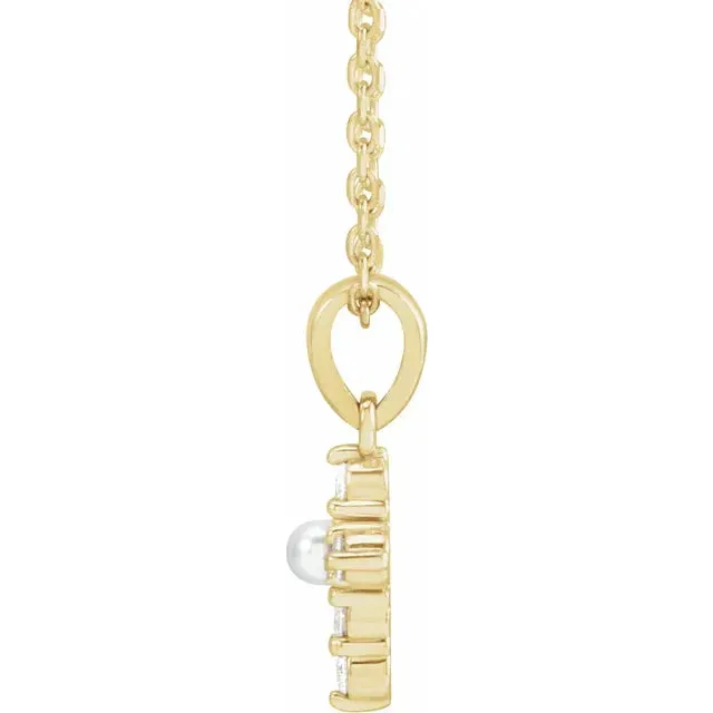 14K Yellow Gold Cultured White Seed Pearl & .07 CTW Natural Diamond Cross 16-18" Necklace