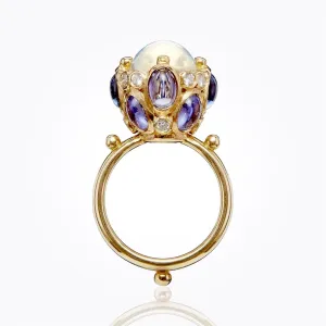 18K Cluster Ring with Royal Blue Moonstone, tanzanite and diamond