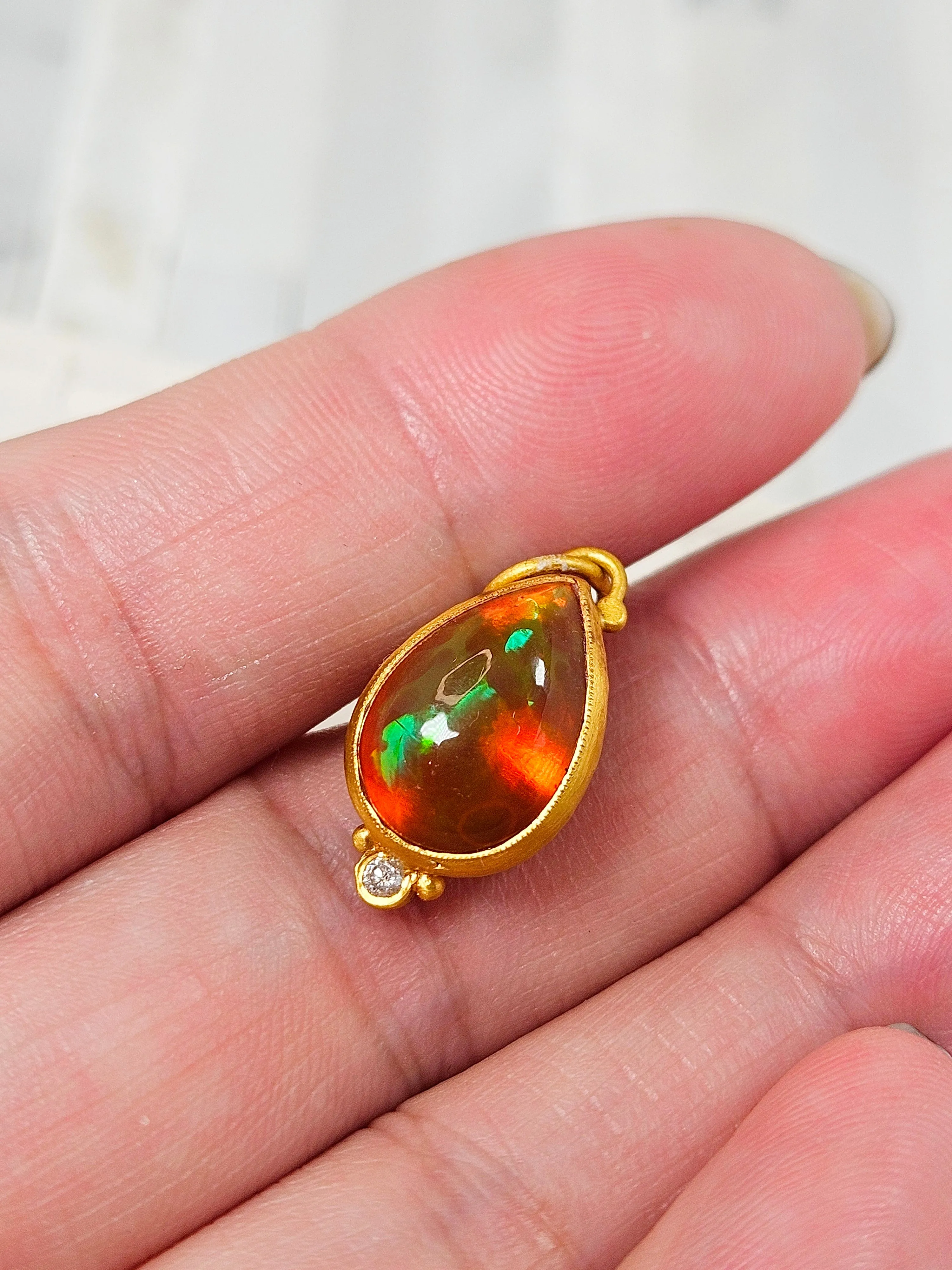 24K Gold Fire opal Pendant with Diamond