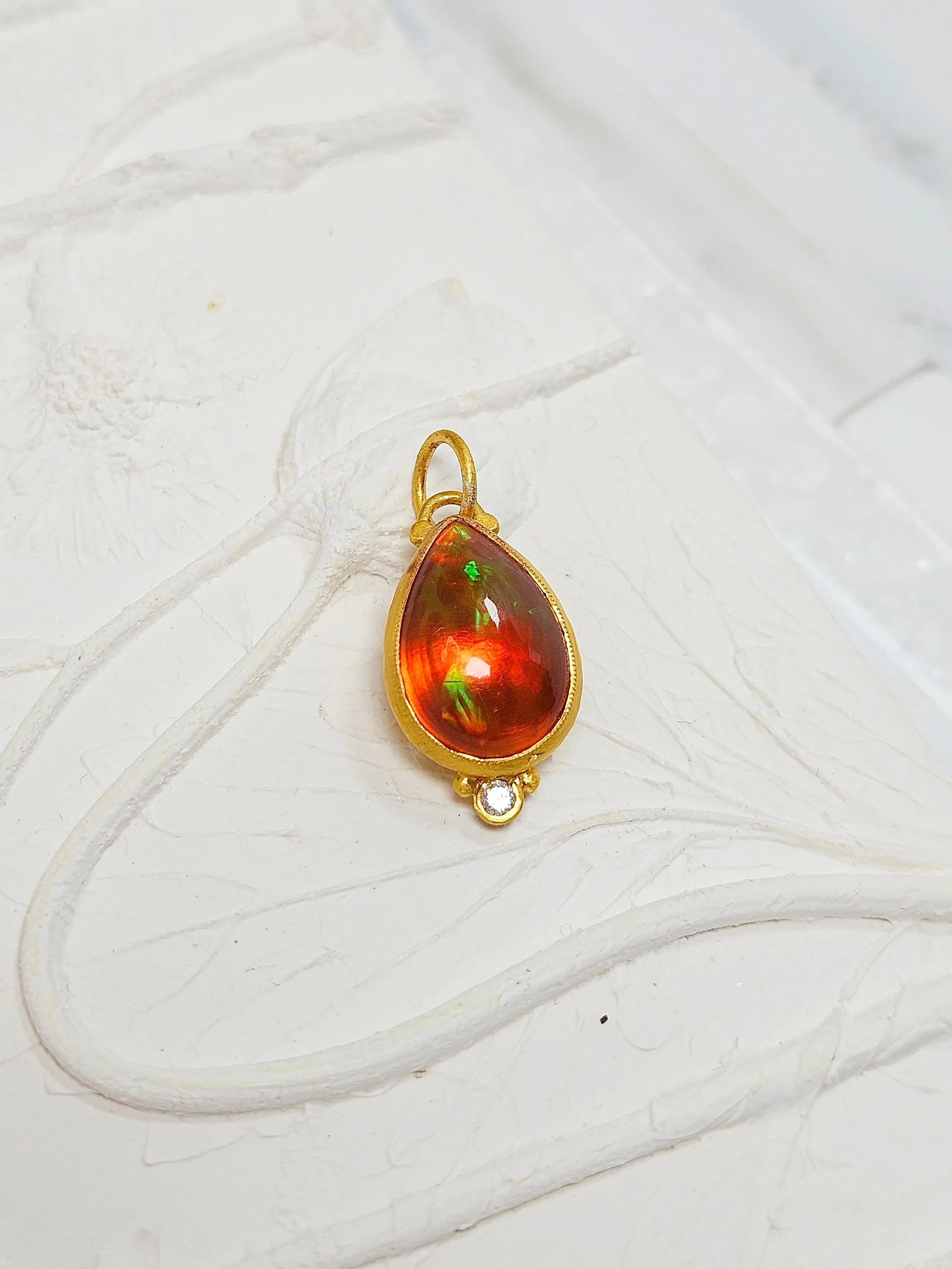24K Gold Fire opal Pendant with Diamond