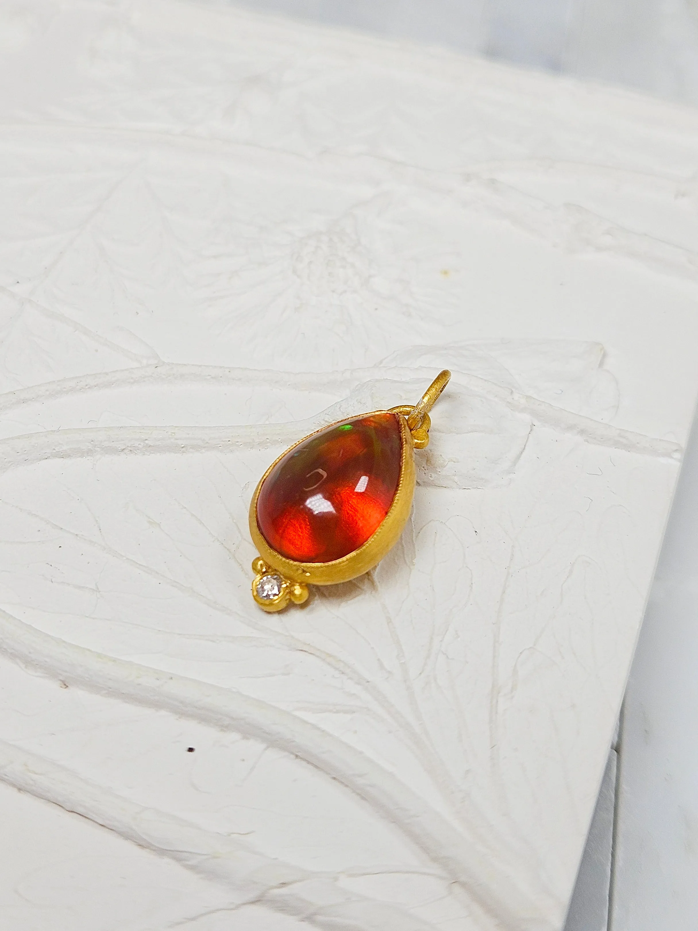 24K Gold Fire opal Pendant with Diamond