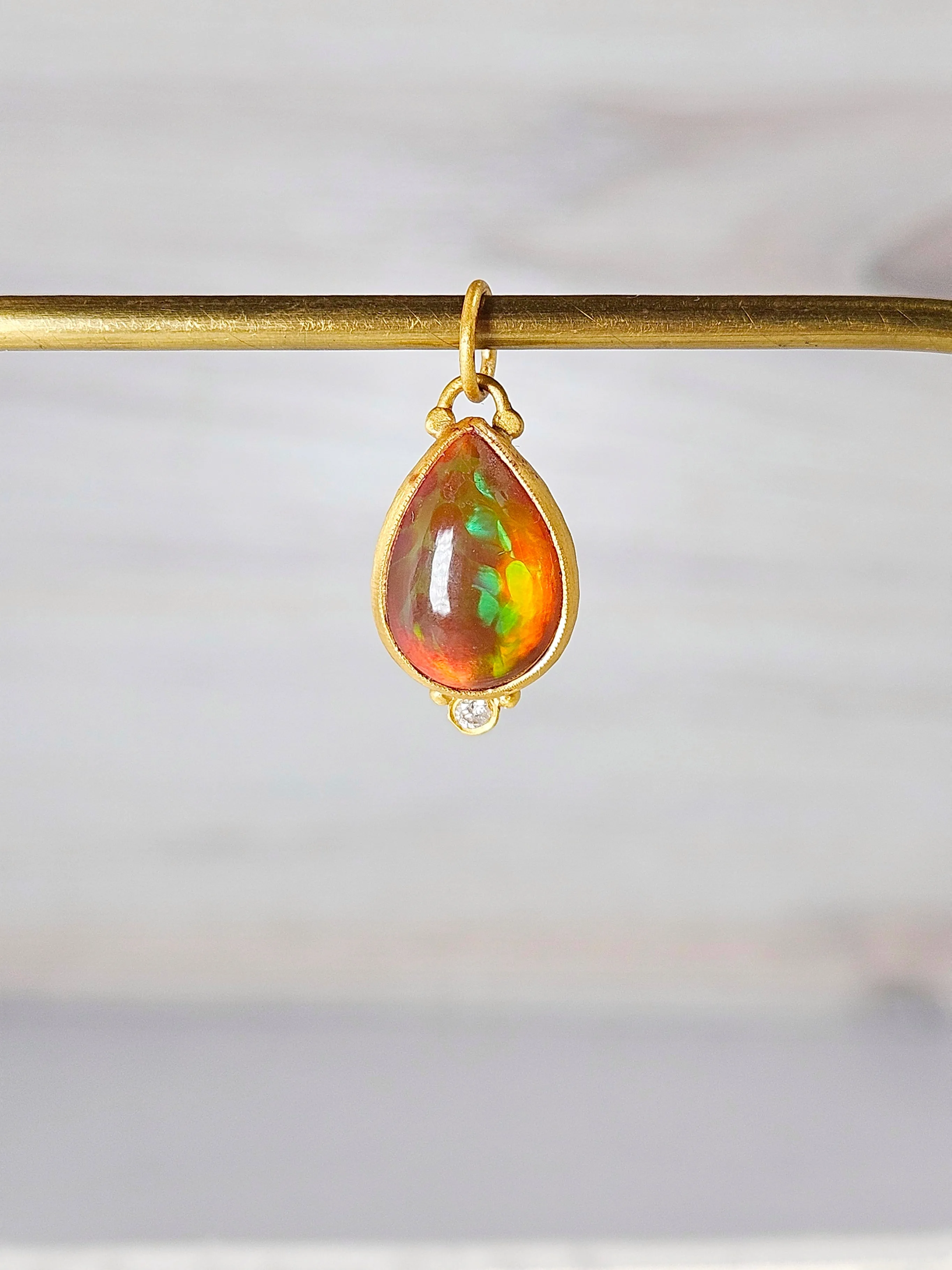 24K Gold Fire opal Pendant with Diamond