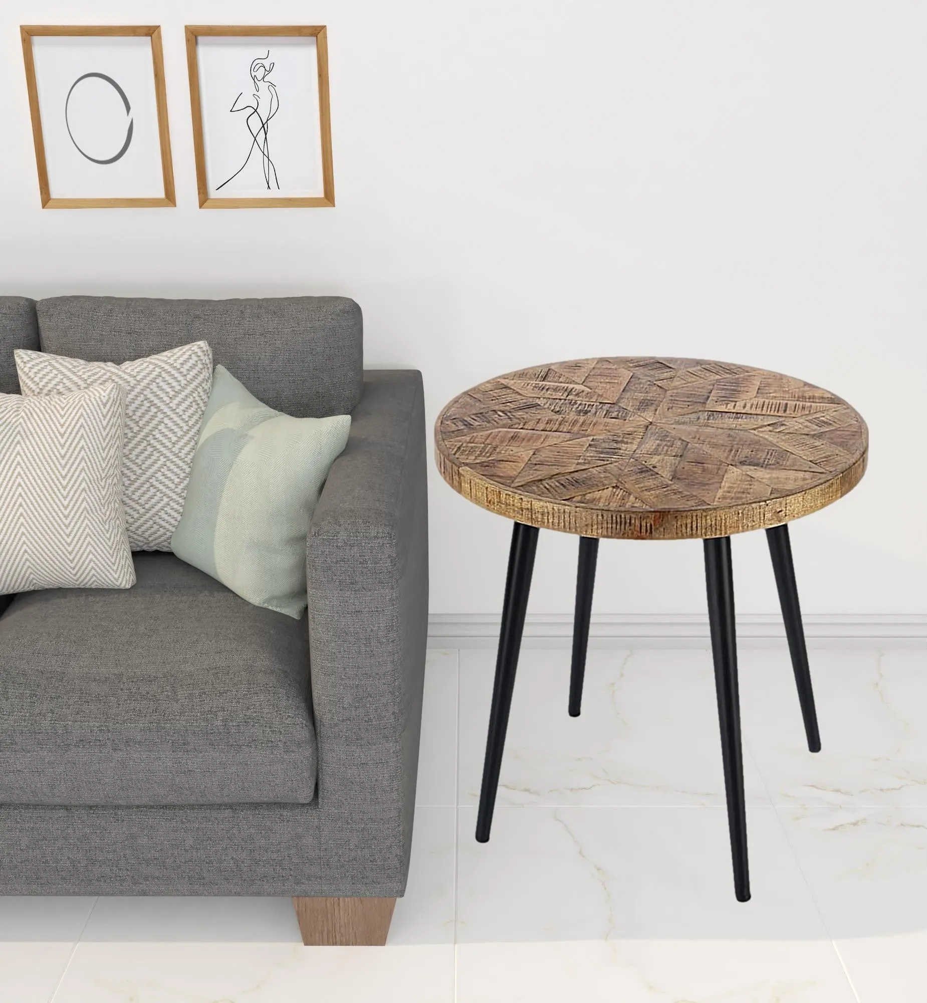 24" Brown Solid Wood and Black Round End Table By Homeroots