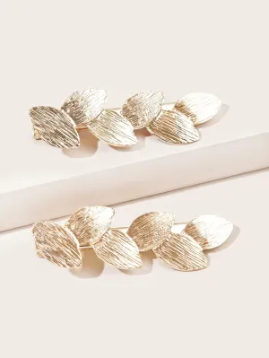 2pcs Metallic Brushed Leaf Hairpin, Simple Style Matte Tree Leaf Hairclip, Side