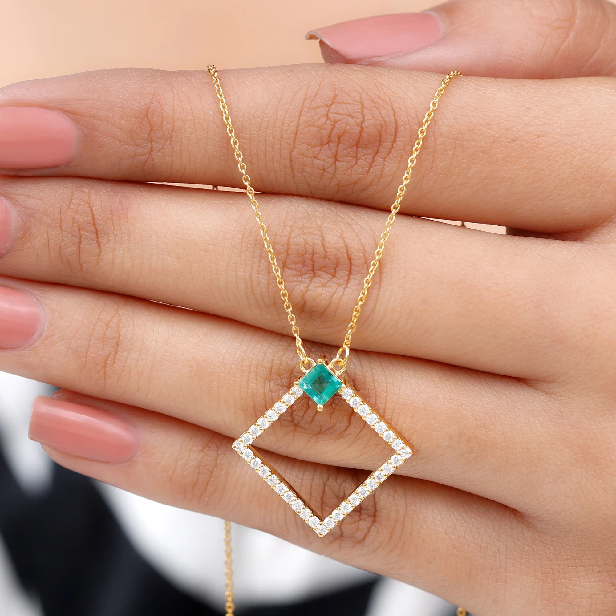 3/4 CT Princess Cut Emerald and Diamond Square Pendant