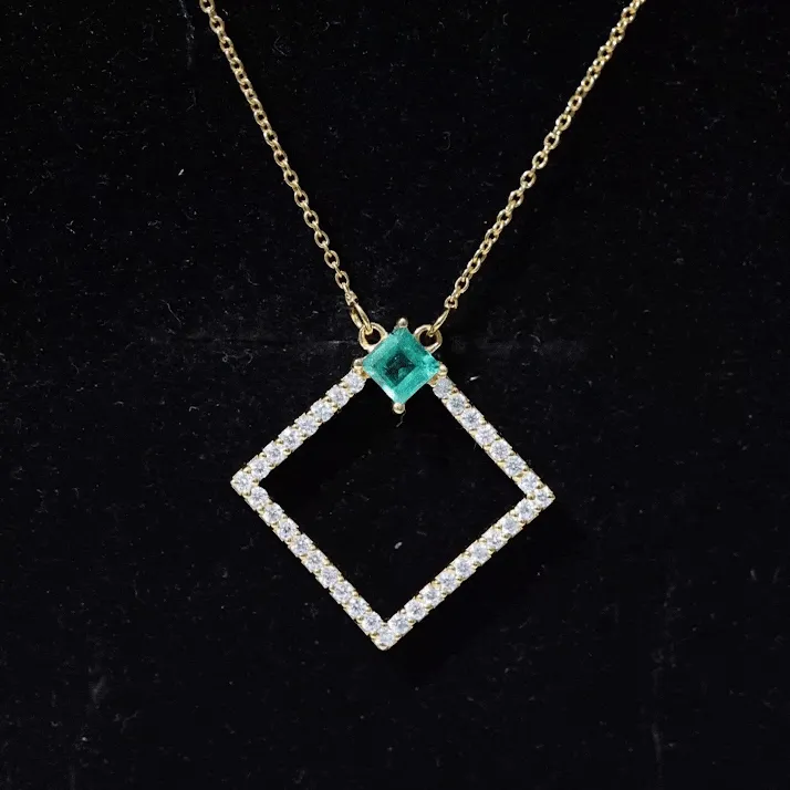 3/4 CT Princess Cut Emerald and Diamond Square Pendant