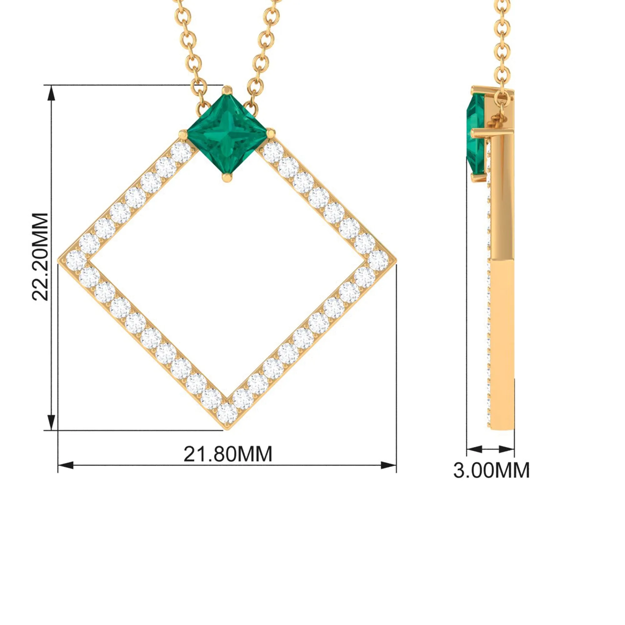 3/4 CT Princess Cut Emerald and Diamond Square Pendant
