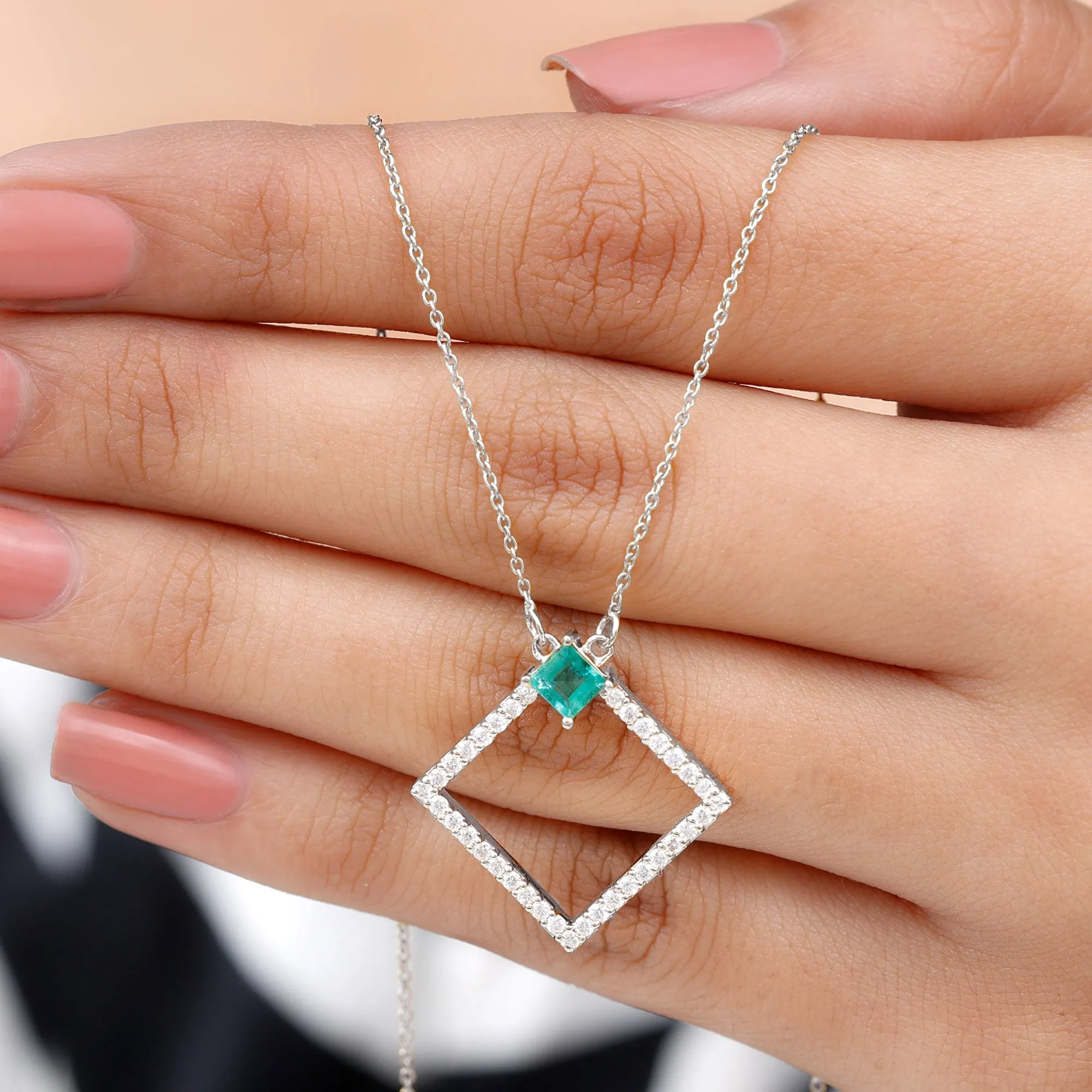 3/4 CT Princess Cut Emerald and Diamond Square Pendant