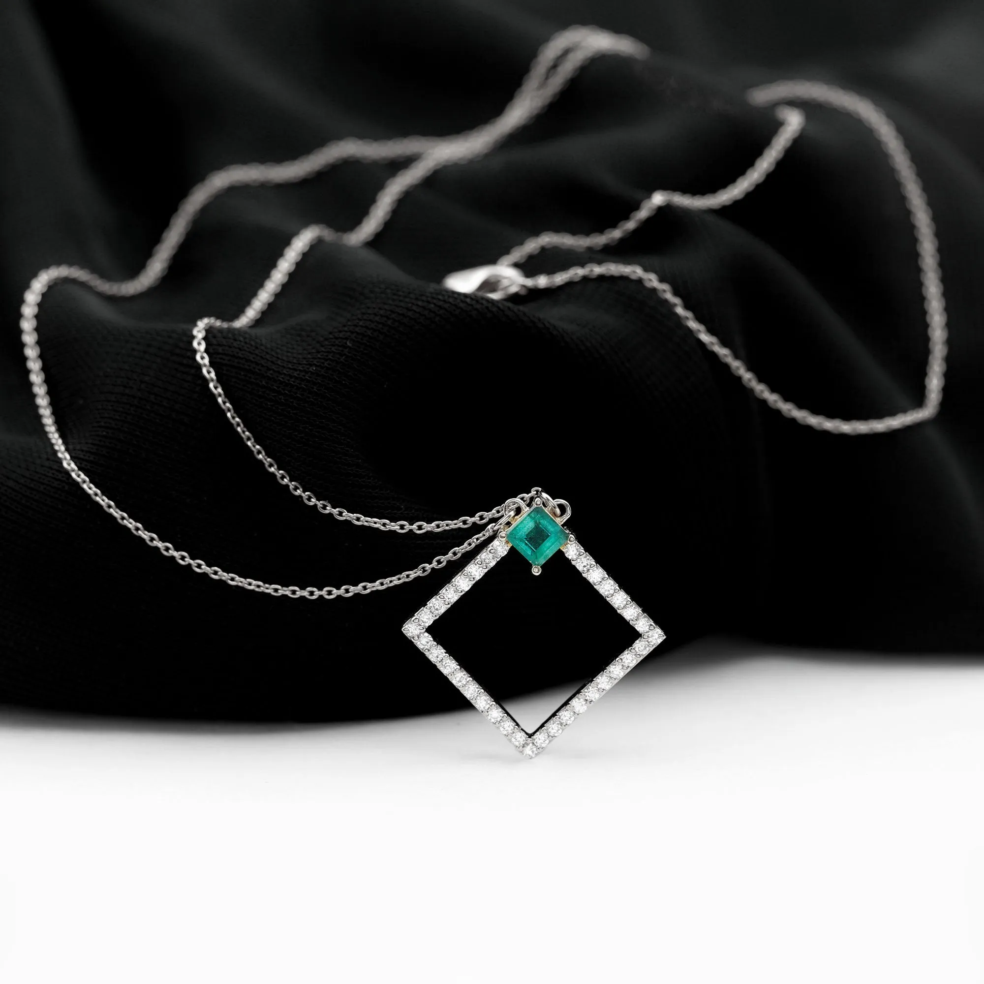 3/4 CT Princess Cut Emerald and Diamond Square Pendant