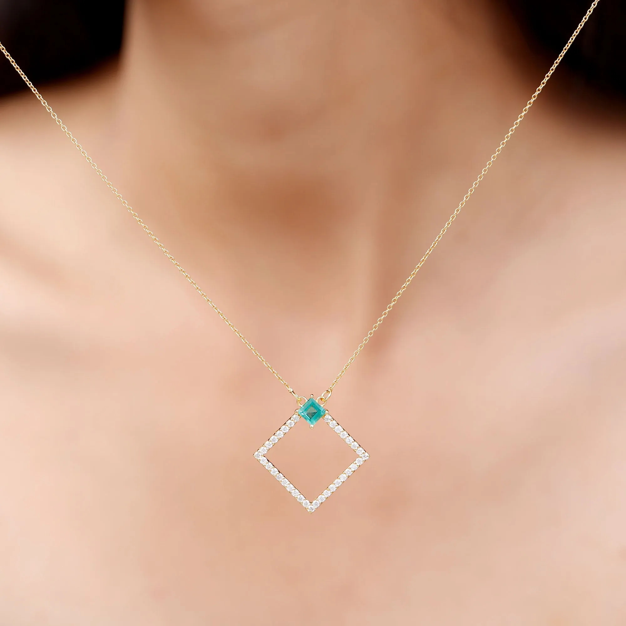 3/4 CT Princess Cut Emerald and Diamond Square Pendant