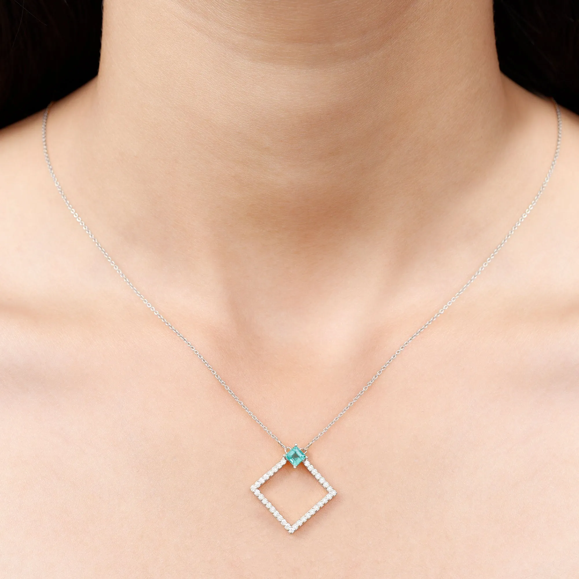 3/4 CT Princess Cut Emerald and Diamond Square Pendant