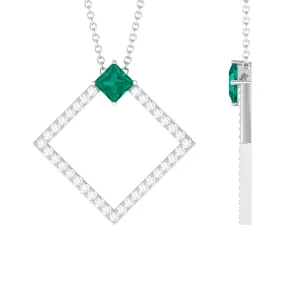 3/4 CT Princess Cut Emerald and Diamond Square Pendant
