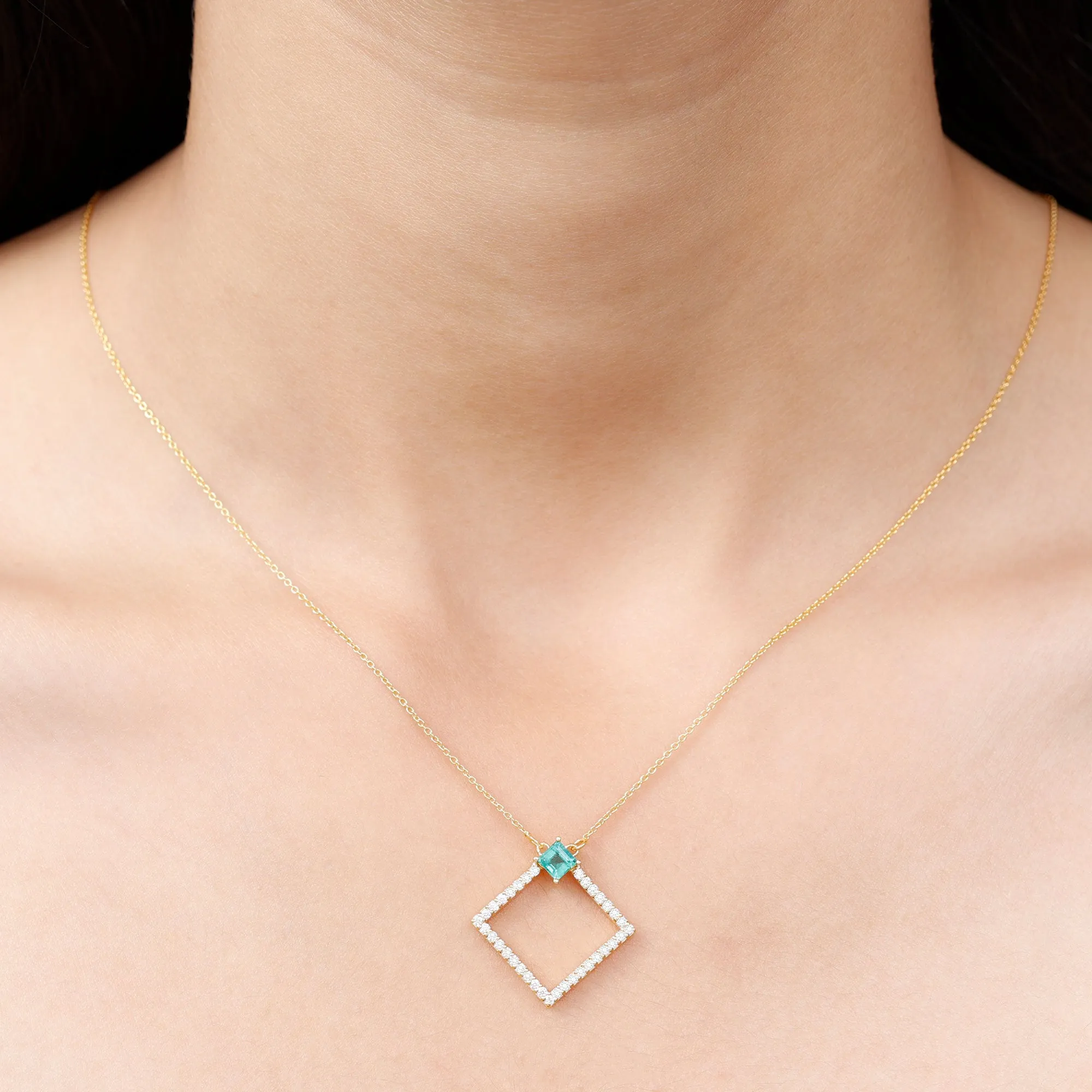 3/4 CT Princess Cut Emerald and Diamond Square Pendant