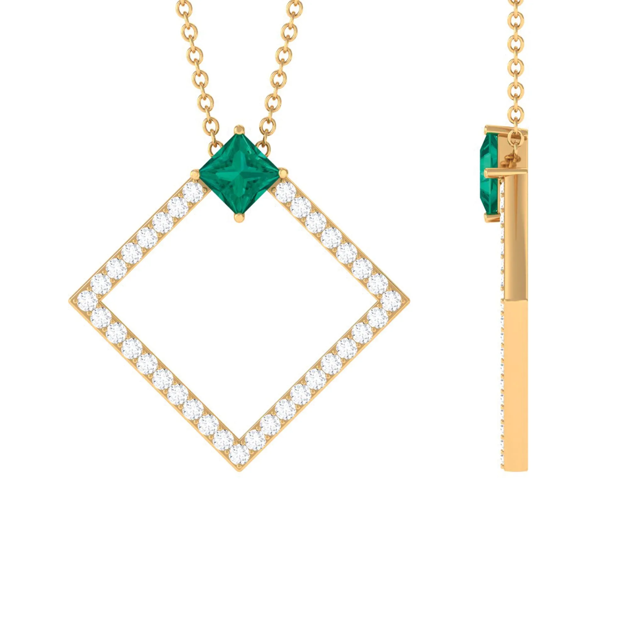 3/4 CT Princess Cut Emerald and Diamond Square Pendant