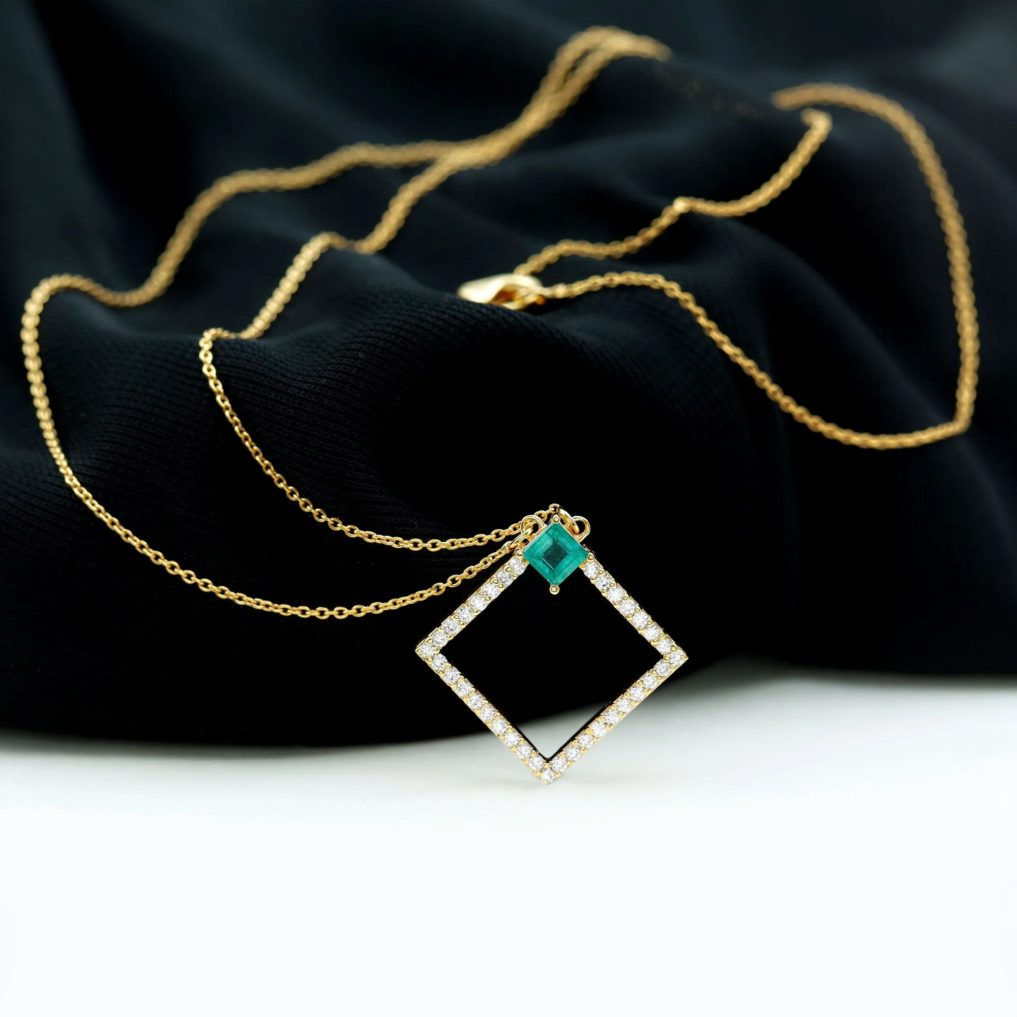 3/4 CT Princess Cut Emerald and Diamond Square Pendant