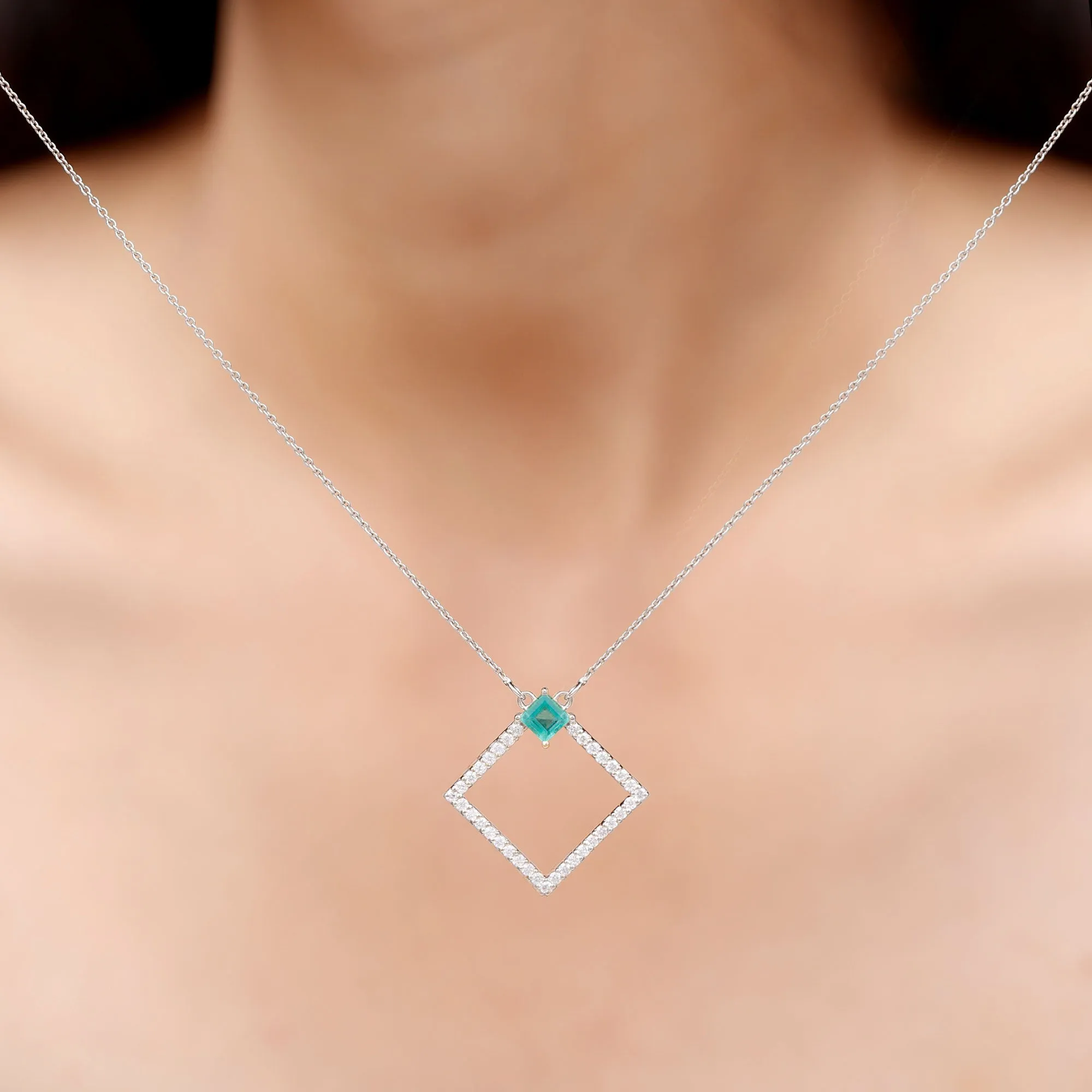 3/4 CT Princess Cut Emerald and Diamond Square Pendant