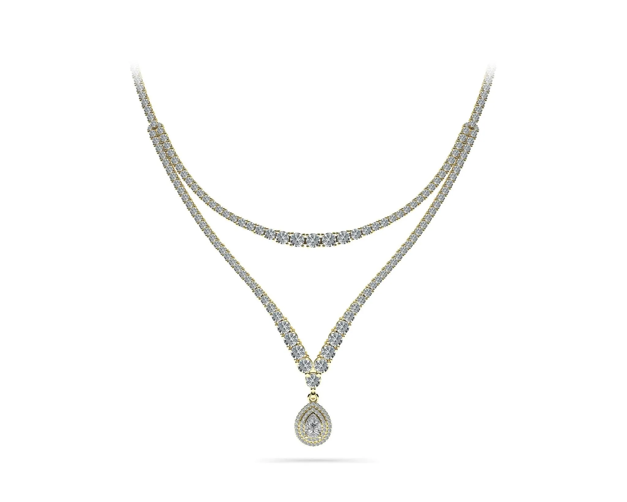 4 Prong Double Strand V Drop Diamond Necklace with 13.12 ct.(finished)