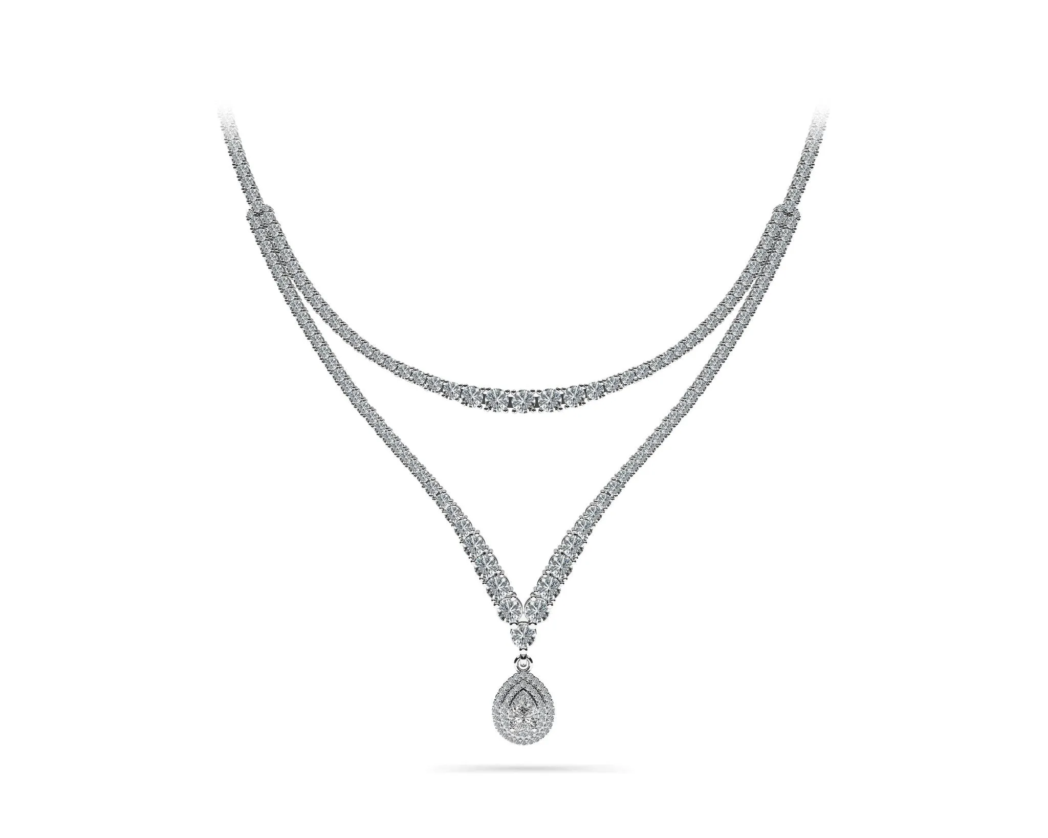4 Prong Double Strand V Drop Diamond Necklace with 13.12 ct.(finished)