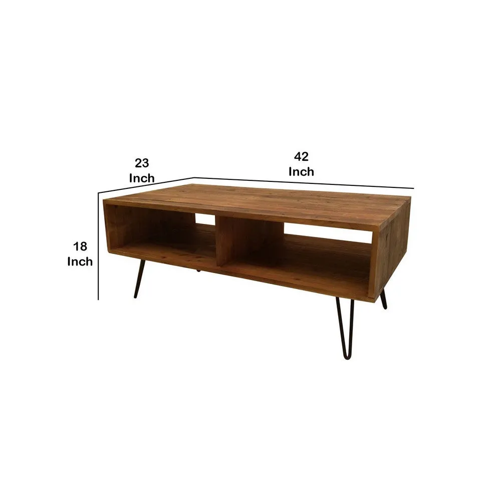 42 Inch Modern Cocktail Coffee Table with Open Compartments, Brown Wood Top By Casagear Home