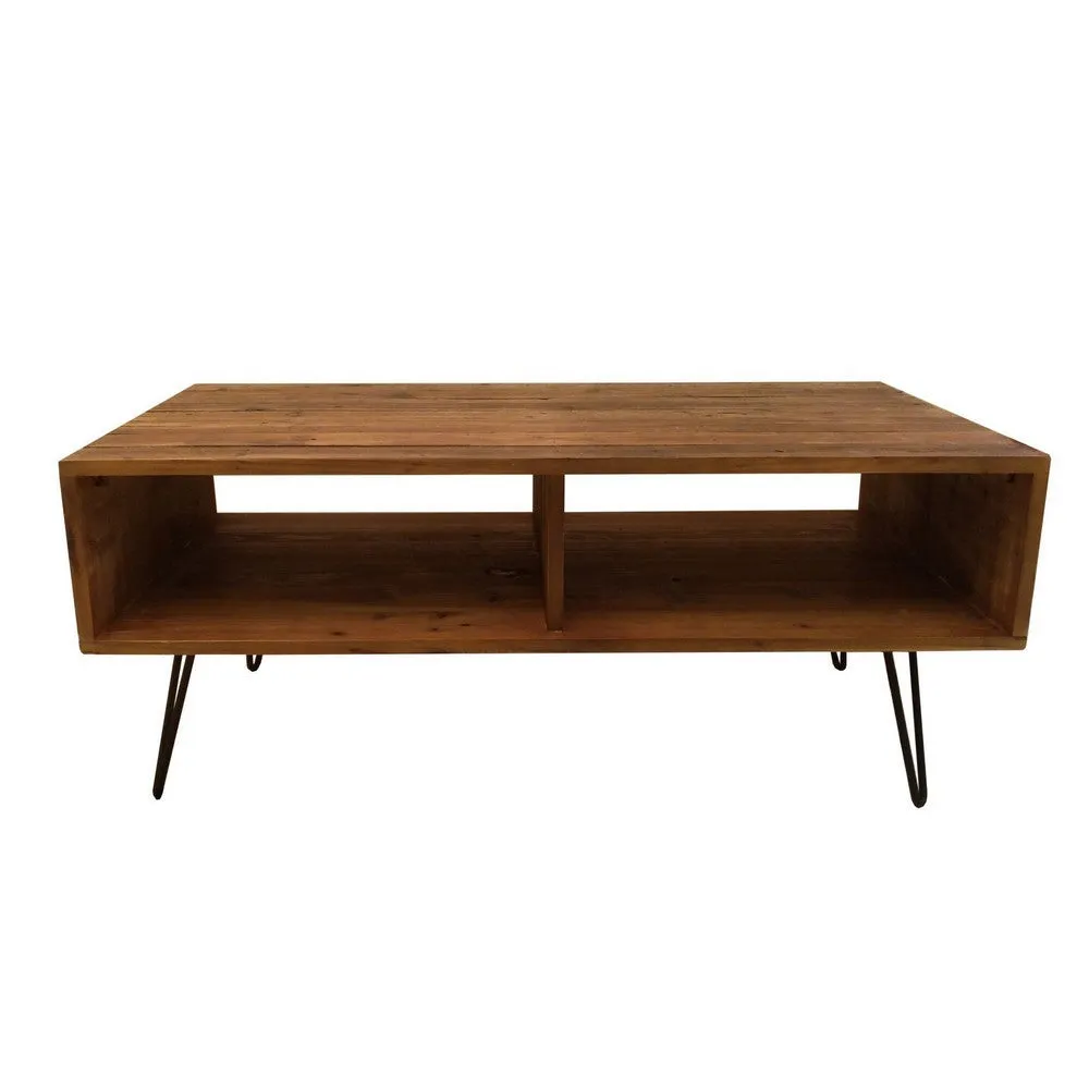 42 Inch Modern Cocktail Coffee Table with Open Compartments, Brown Wood Top By Casagear Home