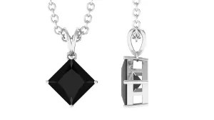 4.50 MM Minimal Princess Cut Black Diamond Solitaire Pendant Necklace in 4 Prong Diagonal Setting with Rabbit Ear Bail