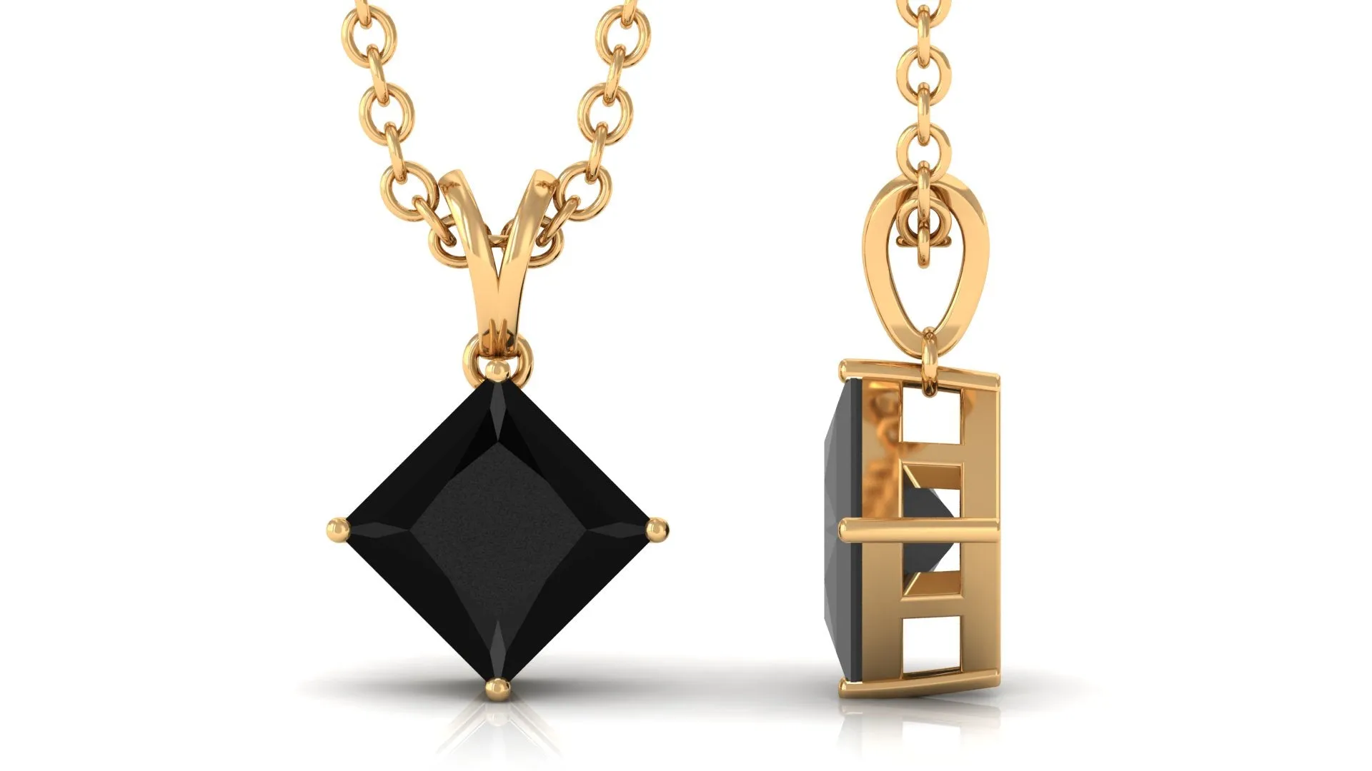 4.50 MM Minimal Princess Cut Black Diamond Solitaire Pendant Necklace in 4 Prong Diagonal Setting with Rabbit Ear Bail