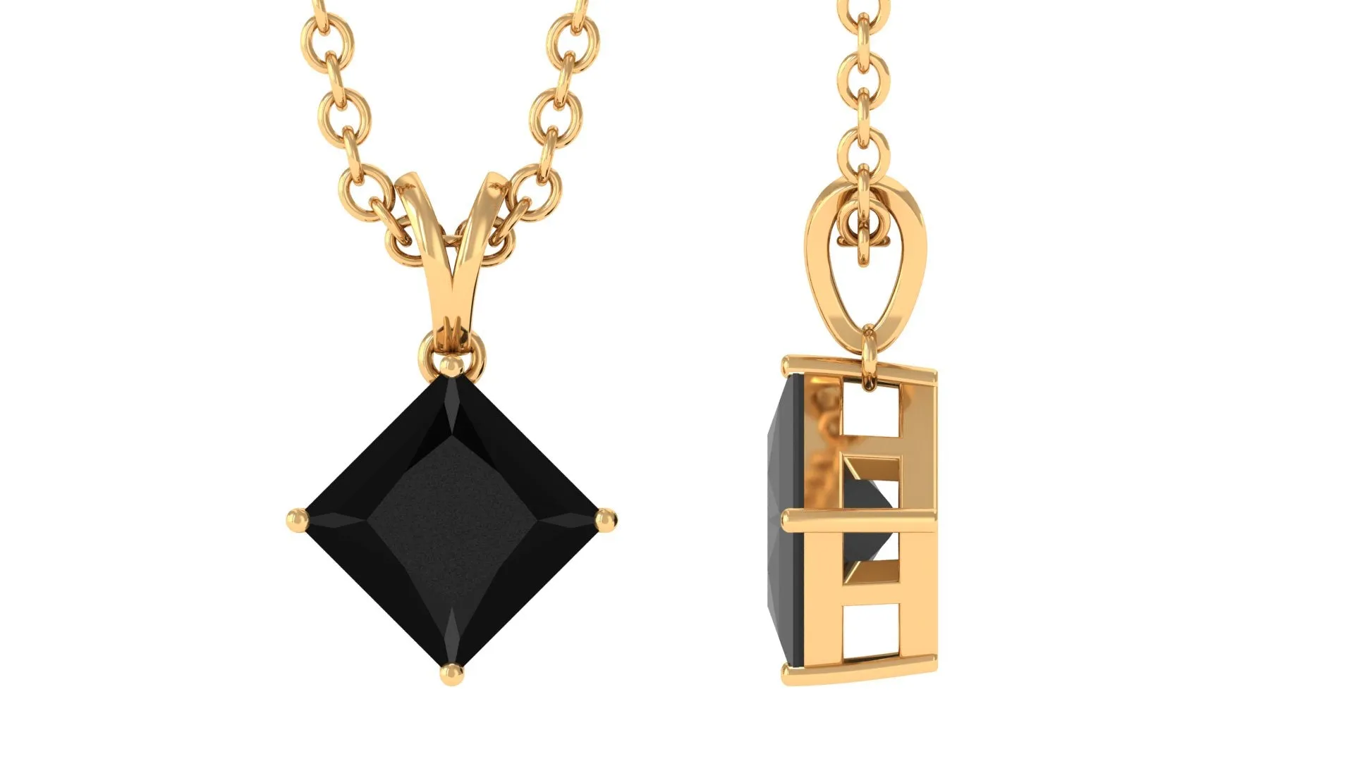 4.50 MM Minimal Princess Cut Black Diamond Solitaire Pendant Necklace in 4 Prong Diagonal Setting with Rabbit Ear Bail