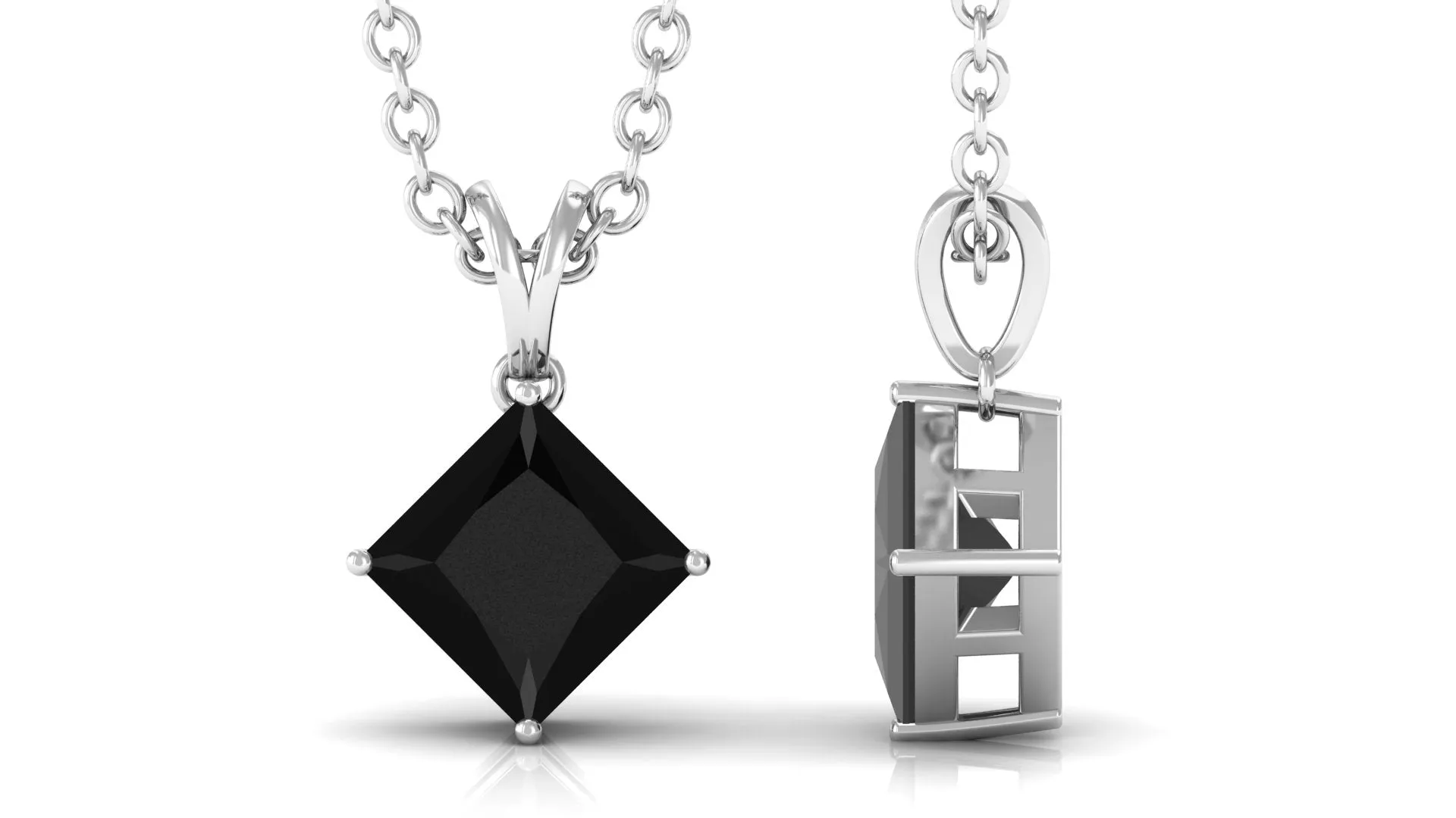 4.50 MM Minimal Princess Cut Black Diamond Solitaire Pendant Necklace in 4 Prong Diagonal Setting with Rabbit Ear Bail