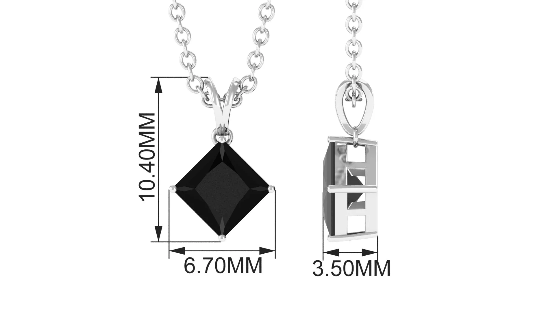 4.50 MM Minimal Princess Cut Black Diamond Solitaire Pendant Necklace in 4 Prong Diagonal Setting with Rabbit Ear Bail