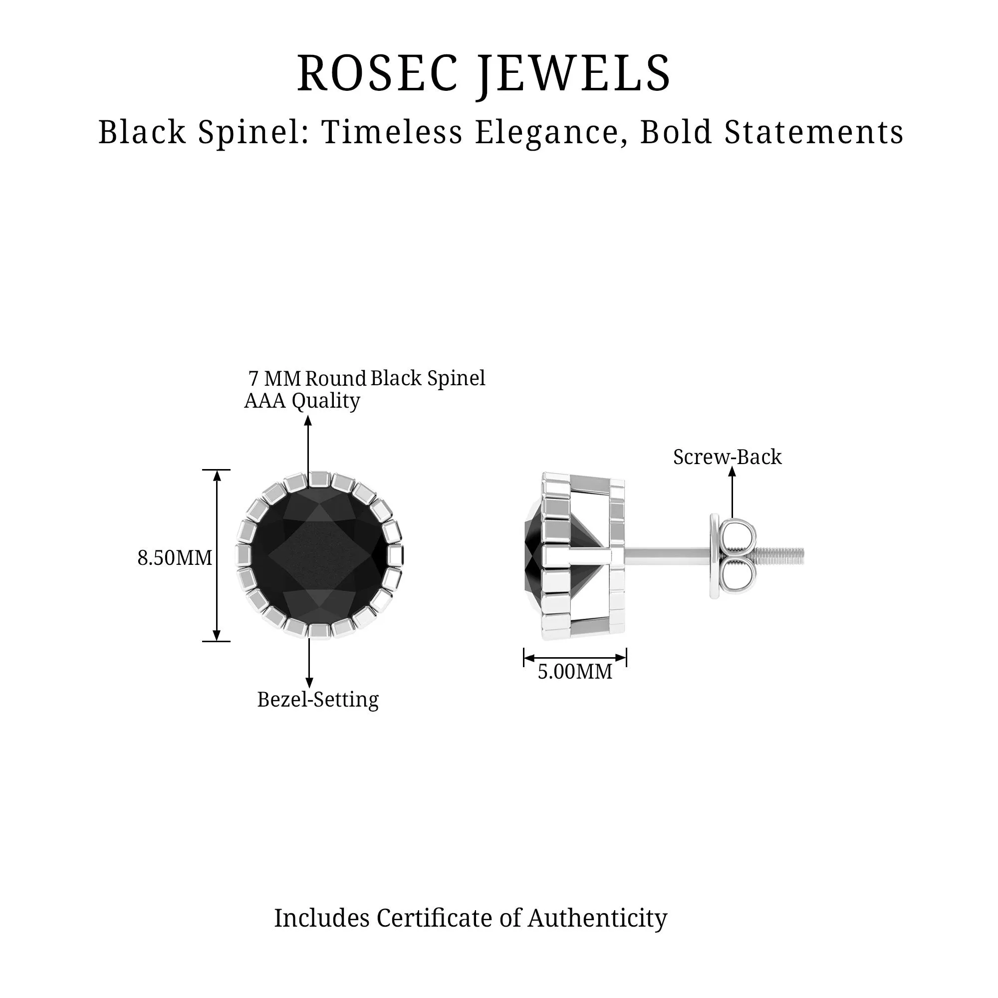 7 MM Bezel Set Black Spinel Solitaire Stud Earrings with Milgrain Details