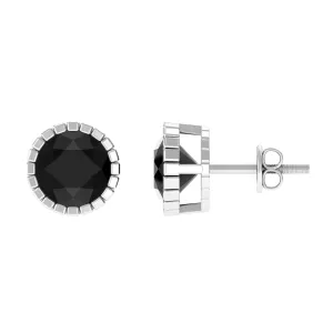 7 MM Bezel Set Black Spinel Solitaire Stud Earrings with Milgrain Details
