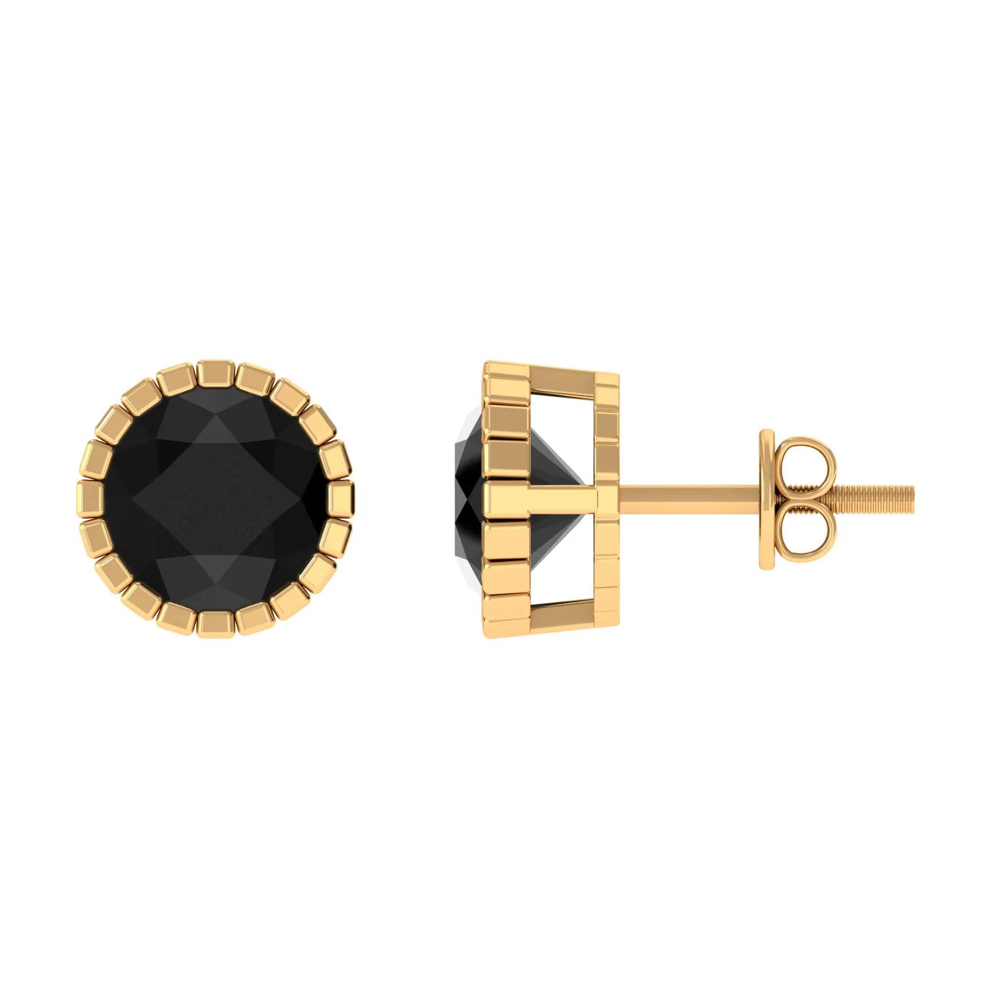 7 MM Bezel Set Black Spinel Solitaire Stud Earrings with Milgrain Details