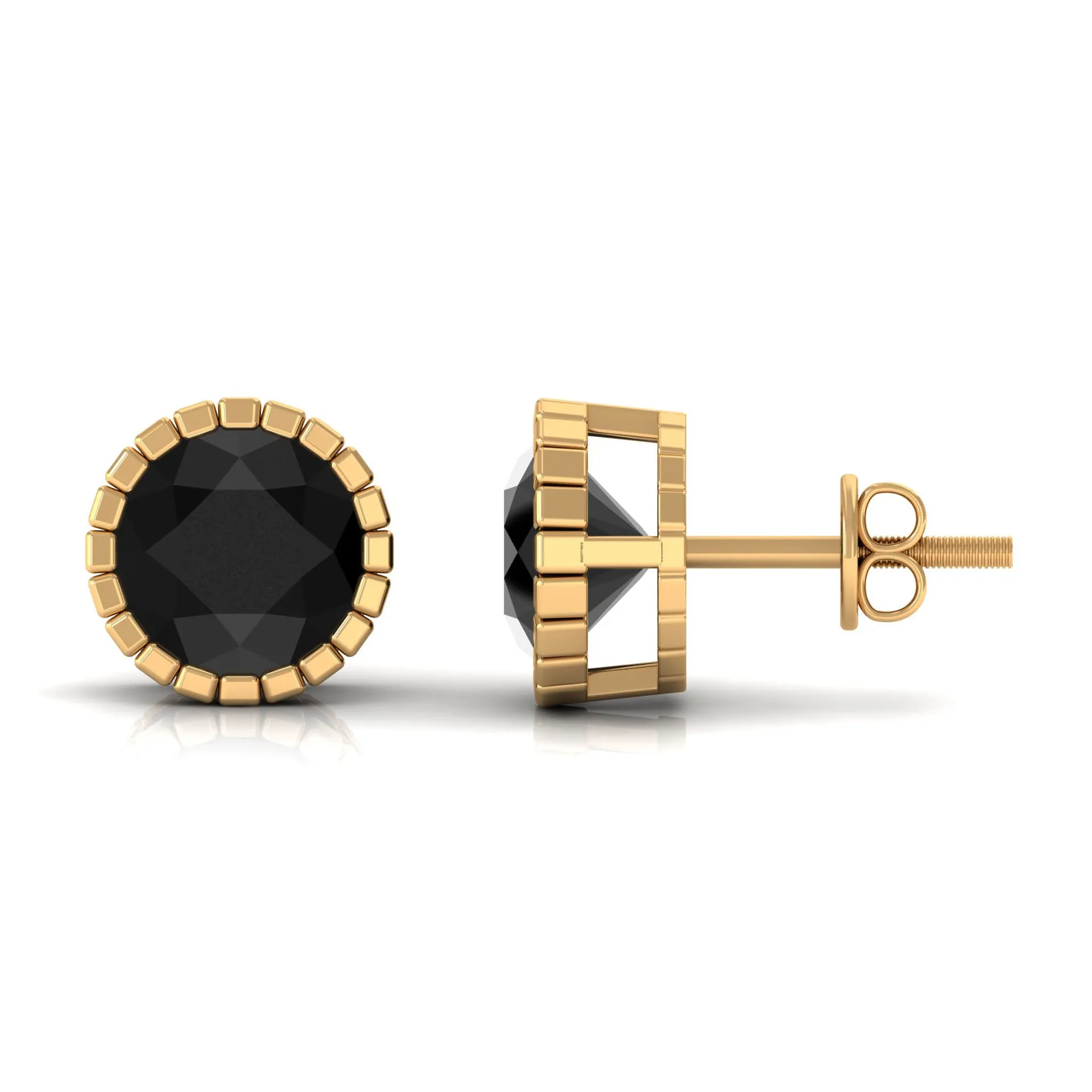 7 MM Bezel Set Black Spinel Solitaire Stud Earrings with Milgrain Details