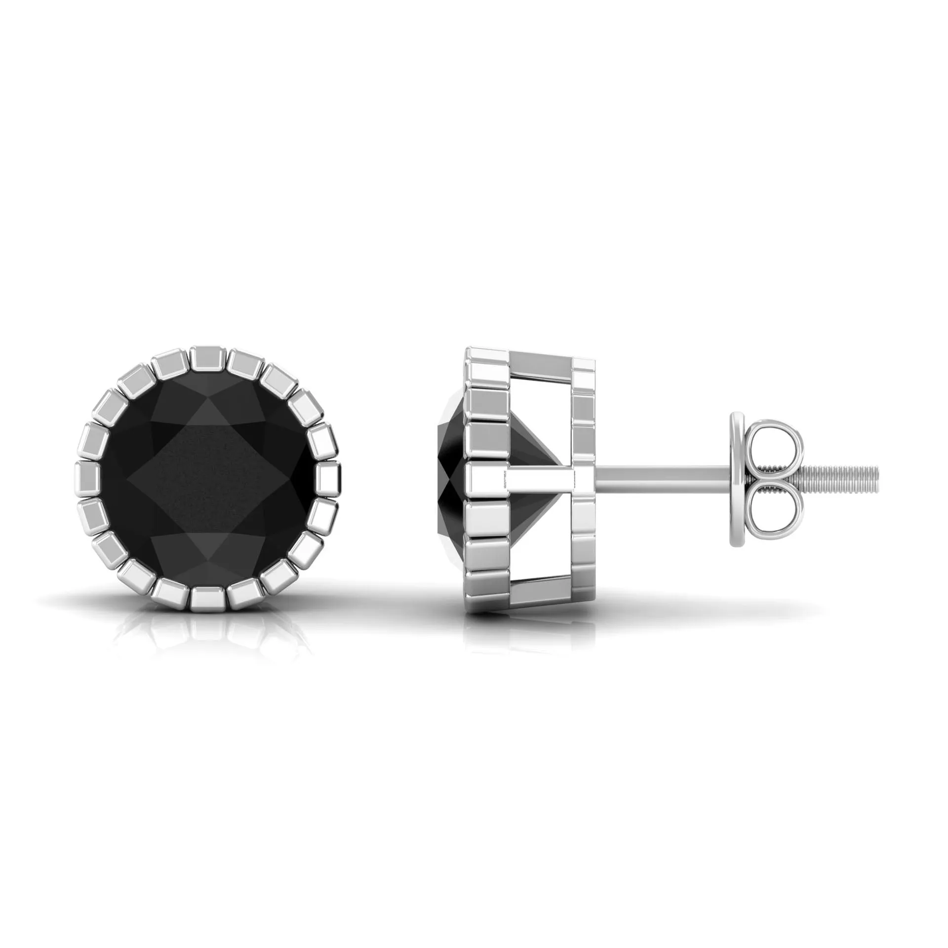 7 MM Bezel Set Black Spinel Solitaire Stud Earrings with Milgrain Details