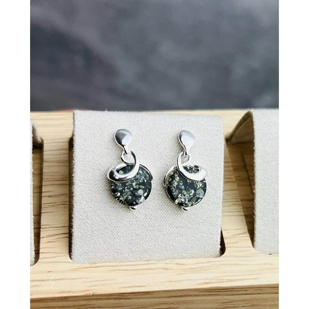 925 Sterling Silver & Genuine Baltic Amber Modern Studs Dangling Earrings - GL1019