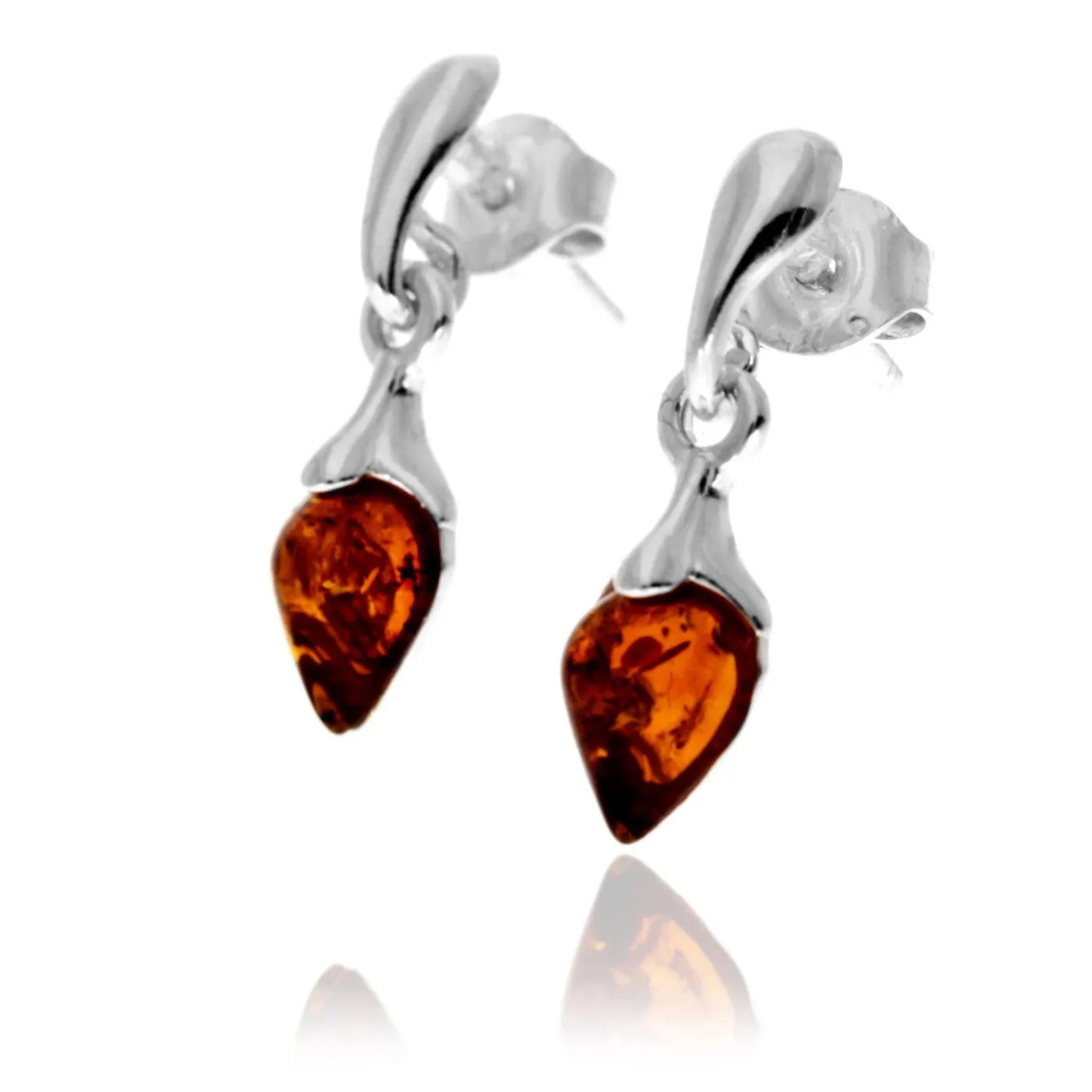 925 Sterling Silver & Genuine Baltic Amber Teardrop Drop Studs Earrings - GL1049