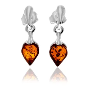 925 Sterling Silver & Genuine Baltic Amber Teardrop Drop Studs Earrings - GL1049