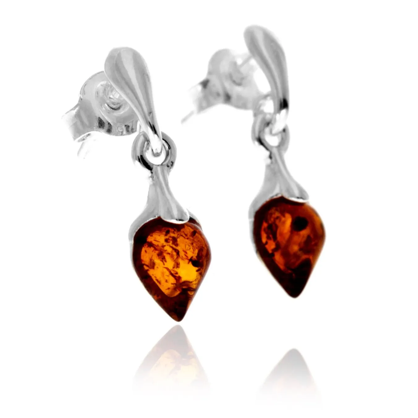 925 Sterling Silver & Genuine Baltic Amber Teardrop Drop Studs Earrings - GL1049