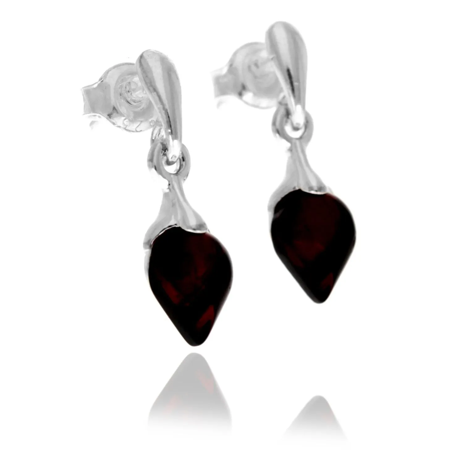 925 Sterling Silver & Genuine Baltic Amber Teardrop Drop Studs Earrings - GL1049
