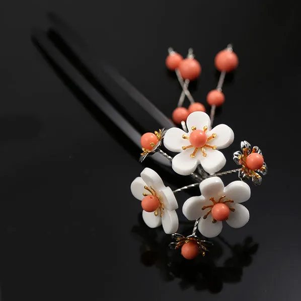 Acrylic 2-Prong Hair Stick Fork Hairpin with White Flower Cluster & Tassels