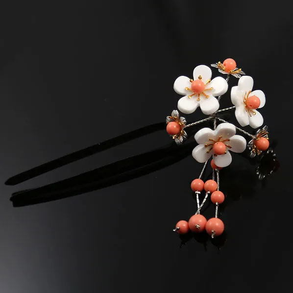 Acrylic 2-Prong Hair Stick Fork Hairpin with White Flower Cluster & Tassels