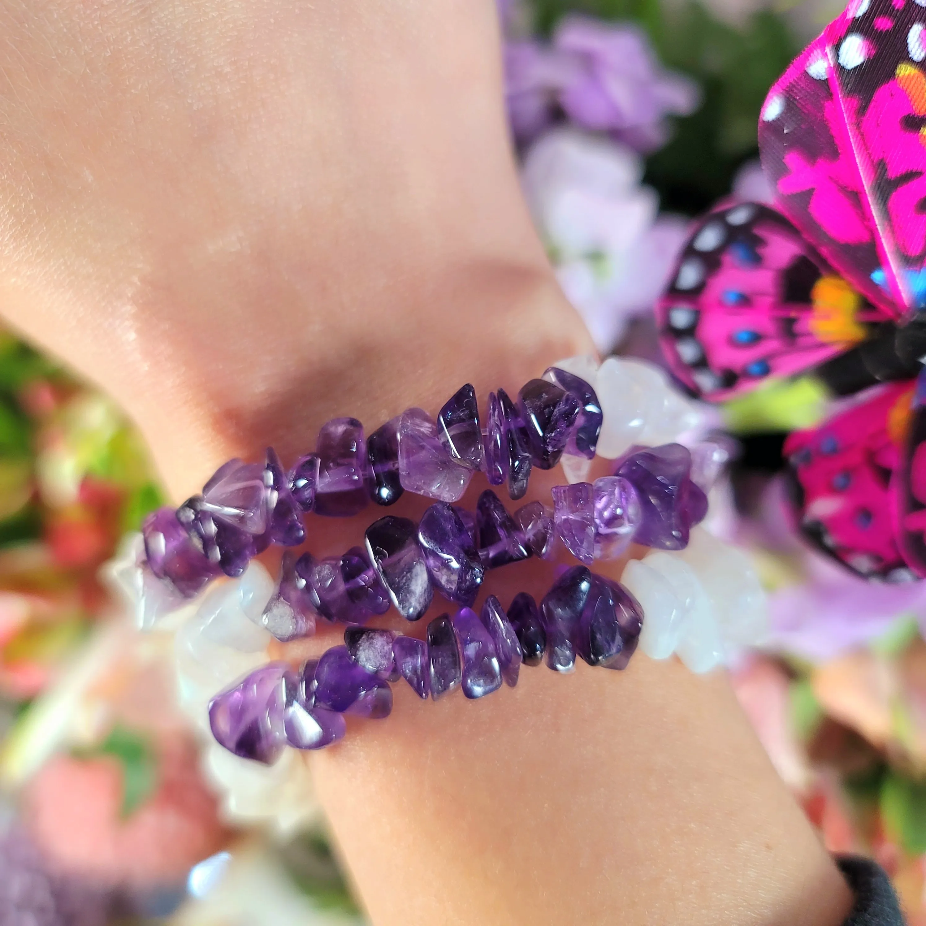 Amethyst & Rainbow Moonstone Chip Bracelet for Calmness and Clarity to the Mind